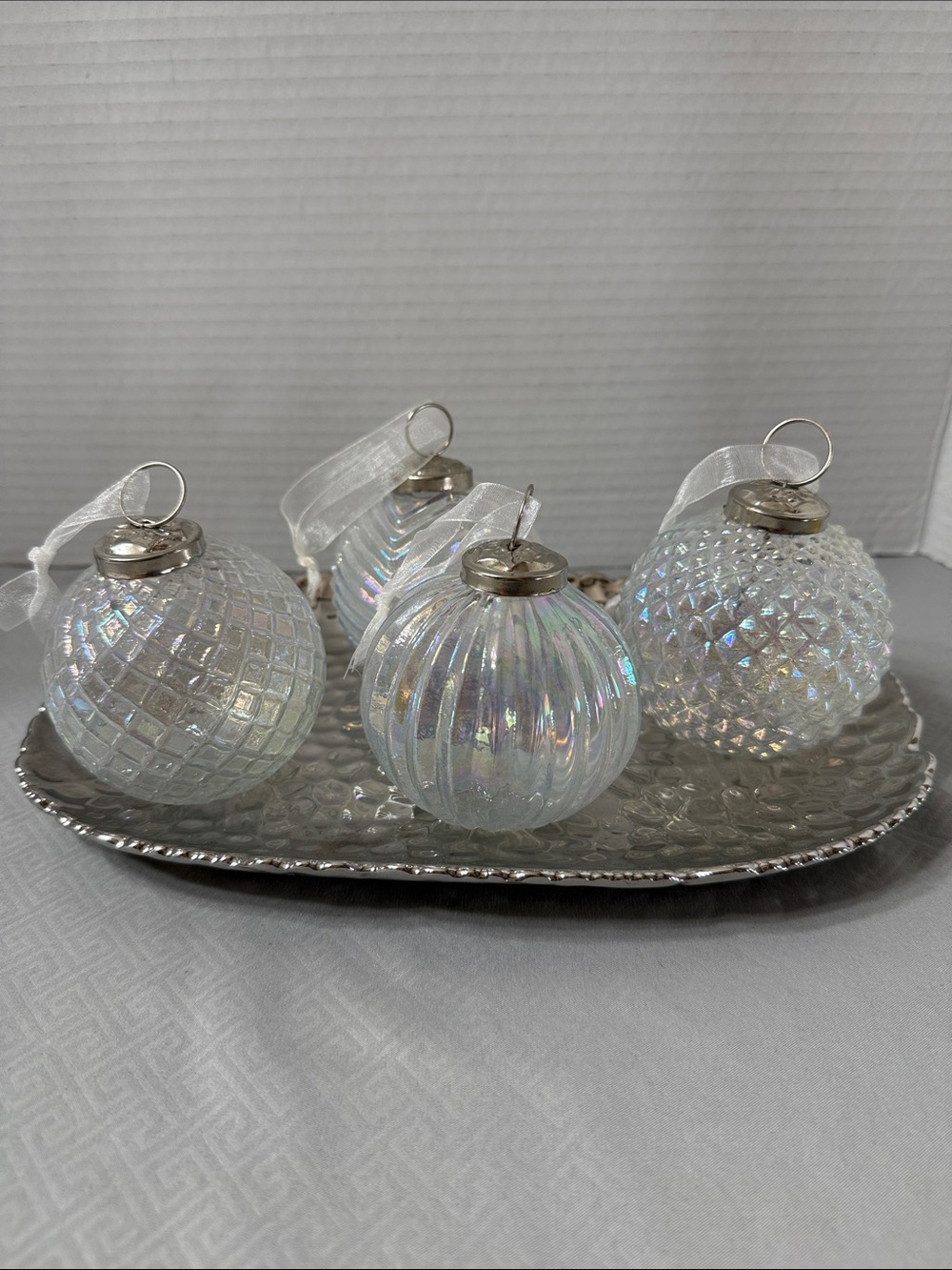 Set of 4 Vtg Iridescent White Glass Holiday Ornaments Mixed Geometric Textures